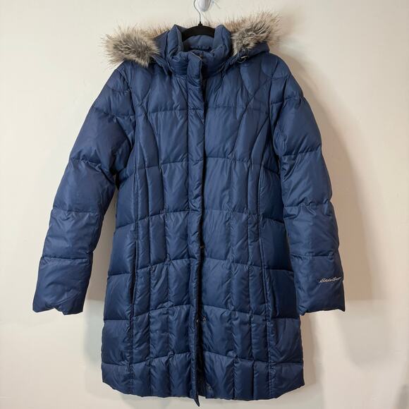 Eddie Bauer Women's Lodge Parka Coat Puffer Navy Large Down Fill Winter Long - Picture 1 of 8